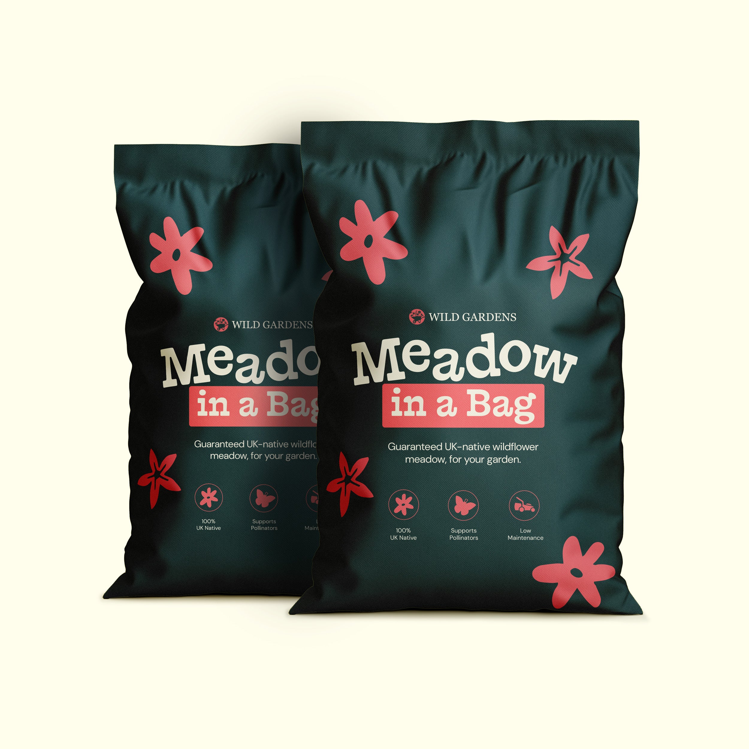 Two bags of 'Meadow in a Bag' product by Wild Gardens on a light beige background.
